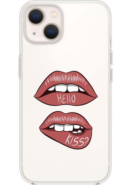 iPhone 14 Uyumlu Hello Kiss Desenli Şeffaf Silikonlu Telefon Kılıfı