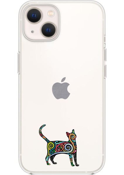iPhone 14 Uyumlu Mandala Cat Desenli Şeffaf Silikonlu Telefon Kılıfı