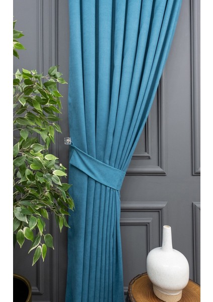 Turkuaz Petek Kadife Dokulu Fon Perde, 1/3 Sık Pile, 80 x 270 cm modelleri