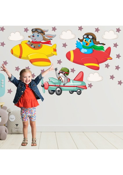 Sevimli Pilot Hayvanlar ve Yıldızlar Çocuk Odası Duvar Sticker modelleri