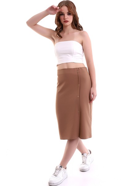 Kahverengi Yırtmaçlı Kuş Gözü Detaylı Midi Kalem Etek, Tasarım, Büyük Beden fiyatları