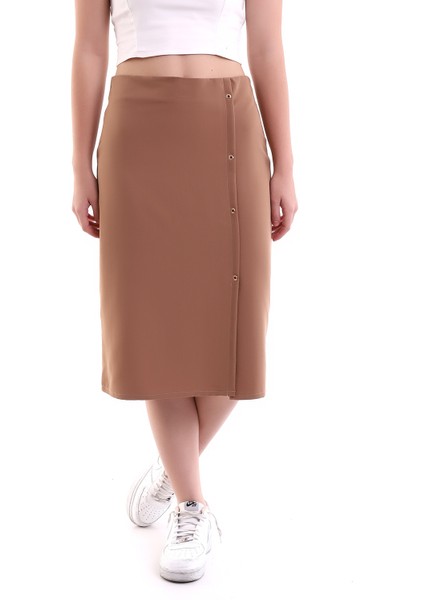 Kahverengi Yırtmaçlı Kuş Gözü Detaylı Midi Kalem Etek, Tasarım, Büyük Beden modelleri