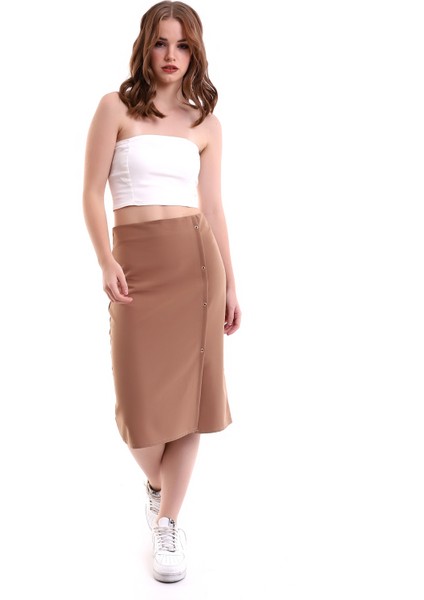 Kahverengi Yırtmaçlı Kuş Gözü Detaylı Midi Kalem Etek, Tasarım, Büyük Beden fırsatları