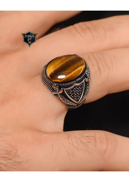 Gümüş 925 Ayar Gümüş Erkek Yüzüğü Kaplangözü Taşlı Kılıç Kalkan Figürlü modelleri