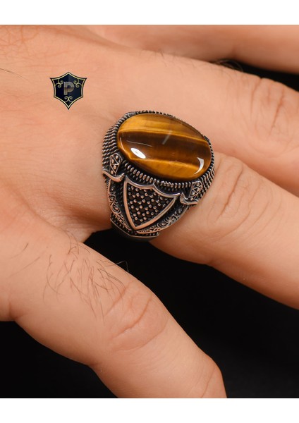 Gümüş 925 Ayar Gümüş Erkek Yüzüğü Kaplangözü Taşlı Kılıç Kalkan Figürlü fırsatları