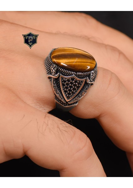 Gümüş 925 Ayar Gümüş Erkek Yüzüğü Kaplangözü Taşlı Kılıç Kalkan Figürlü indirimleri