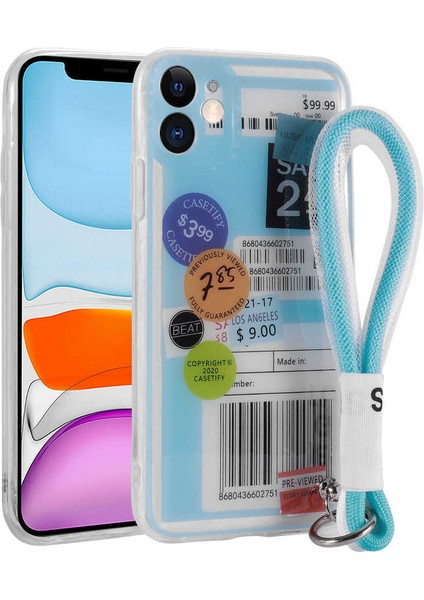 Apple iPhone 11 Kılıf Desenli El Askılı İpli Astana Silikon Kapak ETİKET Renkli