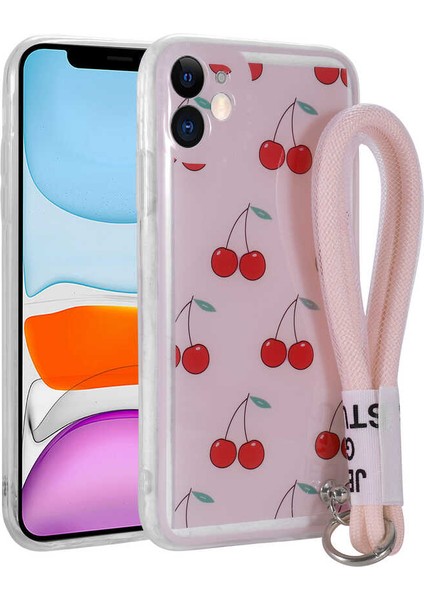 Case 4U Apple iPhone 11 Kılıf Desenli El Askılı İpli Astana Silikon Kapak KİRAZ Renkli