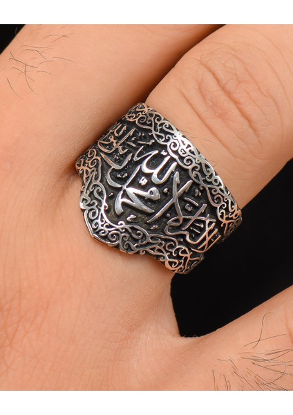Gümüş 925 Ayar Gümüş Erkek Yüzüğü ( La Ilahe Illallah Muhammeden Resulullah ) Yazlı