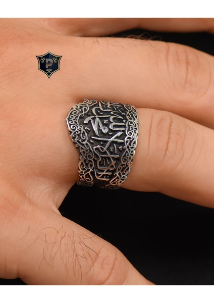 Gümüş 925 Ayar Gümüş Erkek Yüzüğü ( La Ilahe Illallah Muhammeden Resulullah ) Yazlı indirimleri