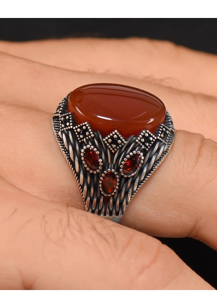 Gümüş 925 Ayar Gümüş Erkek Yüzüğü Akik Taşlı Zirkon Taş Süslemeli