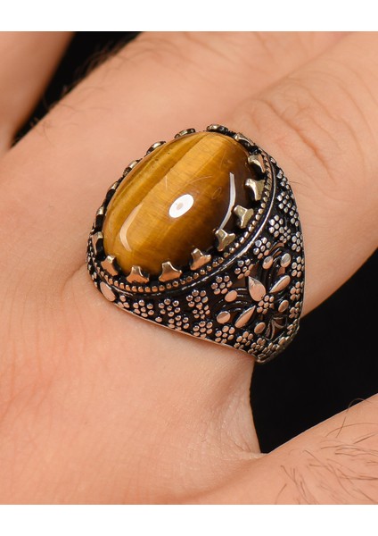 Gümüş 925 Ayar Gümüş Erkek Yüzüğü Kaplangözü Taşlı