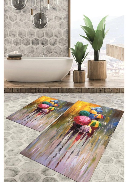 Dijital Baskılı Kaymaz Tabanlı Yıkanabilir 2'li Set Banya Halısı Klozet Takımı Paspas VHKZ-HP-676