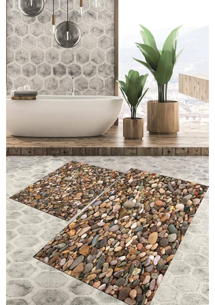 Dijital Baskılı Kaymaz Tabanlı Yıkanabilir 2'li Set Banya Halısı Klozet Takımı Paspas VHKZ-HP-752