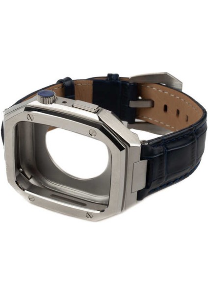 Apple Watch Seri 6/SE/5/4 Metal Çerçeveli ve Tokalı Deri Kordon Kayış KRD-67 44mm Lacivert - Gümüş modelleri