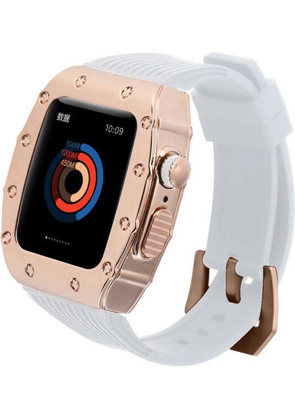 Apple Watch Seri 6/SE/5/4 Metal Çerçeveli ve Tokalı Çizgili Silikon Kordon Kayış KRD-65 44mm Beyaz - Rose Gold