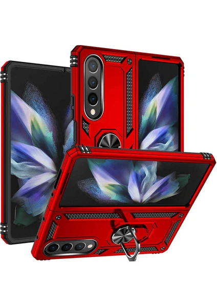 Case 4U Samsung Galaxy Z Fold 4 Uyumlu Kılıf Çift Katmanlı Yüzüklü Manyetik Vega Kapak Kırmızı