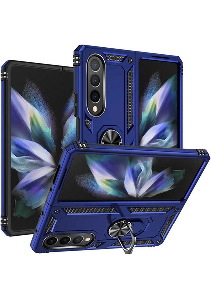 Samsung Galaxy Z Fold 4 Uyumlu Kılıf Çift Katmanlı Yüzüklü Manyetik Vega Kapak Lacivert