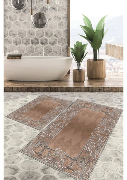 Dijital Baskılı Kaymaz Tabanlı Yıkanabilir 2'li Set Banya Halısı Klozet Takımı Paspas Vhkz-Hk-84