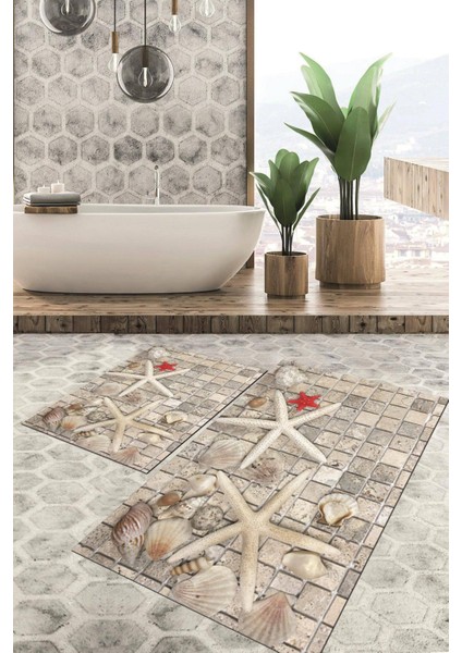 Dijital Baskılı Kaymaz Tabanlı Yıkanabilir 2'li Set Banya Halısı Klozet Takımı Paspas VHKZ-HP-772