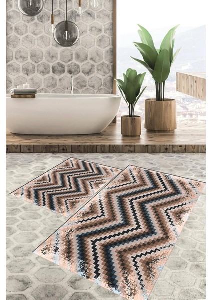 Dijital Baskılı Kaymaz Tabanlı Yıkanabilir 2'li Set Banya Halısı Klozet Takımı Paspas VHKZ-HT-115