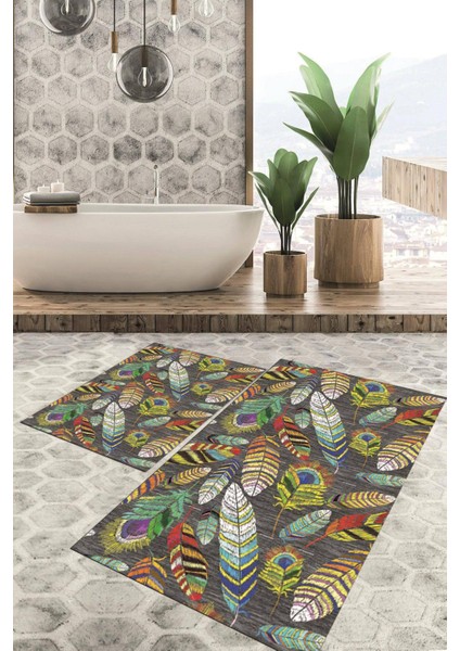 Dijital Baskılı Kaymaz Tabanlı Yıkanabilir 2'li Set Banya Halısı Klozet Takımı Paspas VHKZ-HS-324