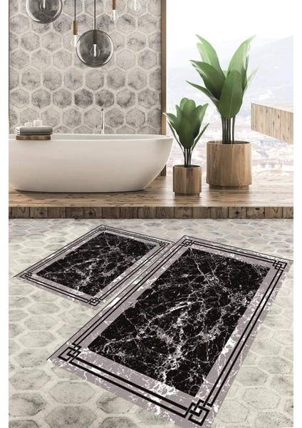 Dijital Baskılı Kaymaz Tabanlı Yıkanabilir 2'li Set Banya Halısı Klozet Takımı Paspas VHKZ-HS-298