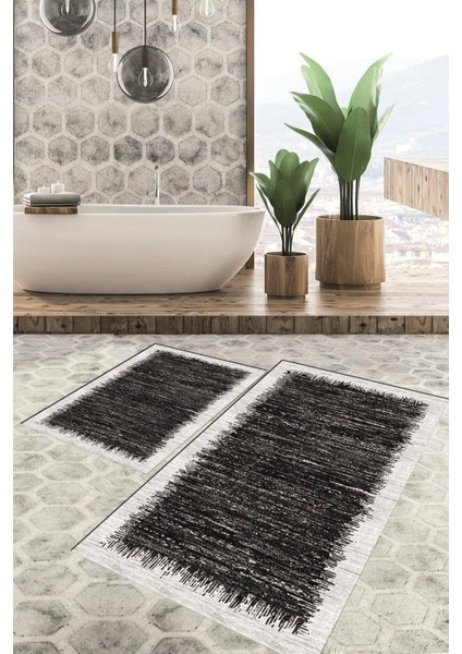 Dijital Baskılı Kaymaz Tabanlı Yıkanabilir 2'li Set Banya Halısı Klozet Takımı Paspas VHKZ-HS-384