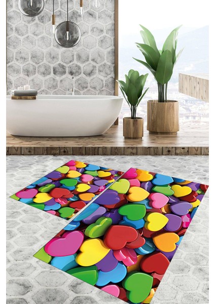 Dijital Baskılı Kaymaz Tabanlı Yıkanabilir 2'li Set Banya Halısı Klozet Takımı Paspas VHKZ-HT-1160