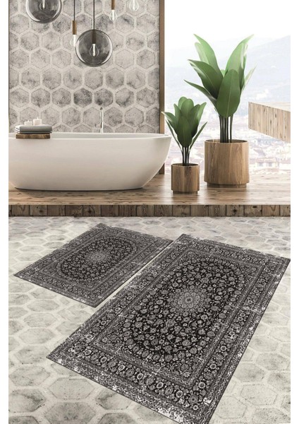 Dijital Baskılı Kaymaz Tabanlı Yıkanabilir 2'li Set Banya Halısı Klozet Takımı Paspas VHKZ-HT-125