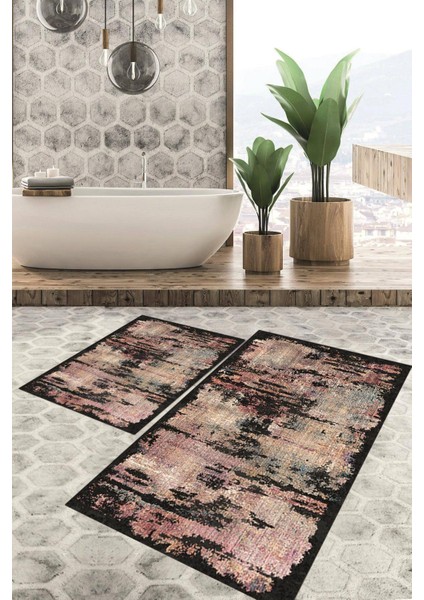 Dijital Baskılı Kaymaz Tabanlı Yıkanabilir 2'li Set Banya Halısı Klozet Takımı Paspas VHKZ-HT-135
