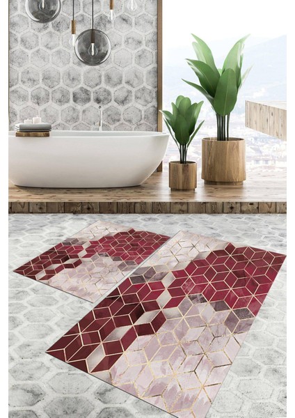 Dijital Baskılı Kaymaz Tabanlı Yıkanabilir 2'li Set Banya Halısı Klozet Takımı Paspas VHKZ-HT-1400