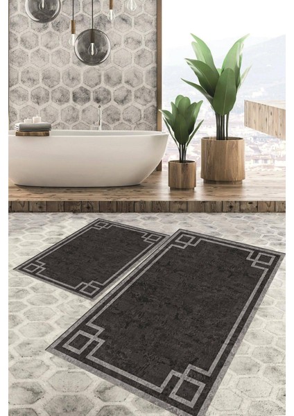 Dijital Baskılı Kaymaz Tabanlı Yıkanabilir 2'li Set Banya Halısı Klozet Takımı Paspas VHKZ-HT-364