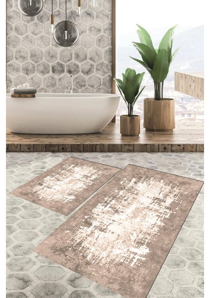 Dijital Baskılı Kaymaz Tabanlı Yıkanabilir 2'li Set Banya Halısı Klozet Takımı Paspas VHKZ-HT-501