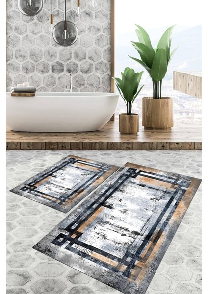 Dijital Baskılı Kaymaz Tabanlı Yıkanabilir 2'li Set Banya Halısı Klozet Takımı Paspas VHKZ-HT-1273