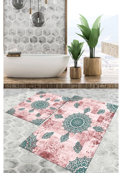 Dijital Baskılı Kaymaz Tabanlı Yıkanabilir 2'li Set Banya Halısı Klozet Takımı Paspas VHKZ-HT-1524