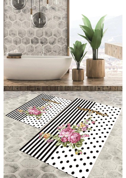 Dijital Baskılı Kaymaz Tabanlı Yıkanabilir 2'li Set Banya Halısı Klozet Takımı Paspas VHKZ-HT-304