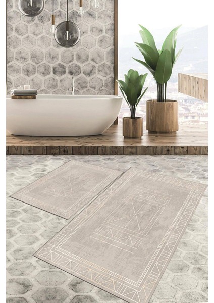 Dijital Baskılı Kaymaz Tabanlı Yıkanabilir 2'li Set Banya Halısı Klozet Takımı Paspas VHKZ-HT-400