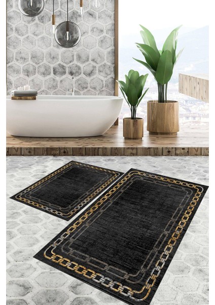 Dijital Baskılı Kaymaz Tabanlı Yıkanabilir 2'li Set Banya Halısı Klozet Takımı Paspas VHKZ-HT-901