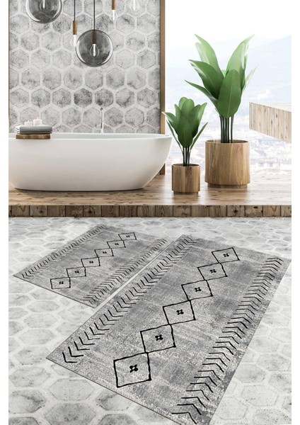 Dijital Baskılı Kaymaz Tabanlı Yıkanabilir 2'li Set Banya Halısı Klozet Takımı Paspas VHKZ-HT-962