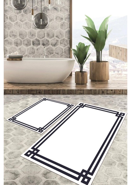 Dijital Baskılı Kaymaz Tabanlı Yıkanabilir 2'li Set Banya Halısı Klozet Takımı Paspas VHKZ-HT-436