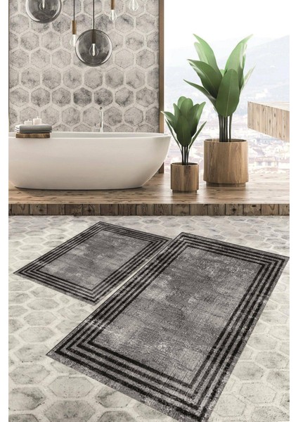 Dijital Baskılı Kaymaz Tabanlı Yıkanabilir 2'li Set Banya Halısı Klozet Takımı Paspas VHKZ-HT-486