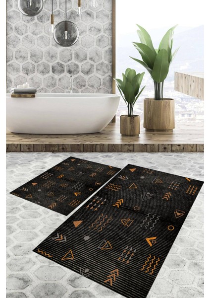 Dijital Baskılı Kaymaz Tabanlı Yıkanabilir 2'li Set Banya Halısı Klozet Takımı Paspas VHKZ-SD-1151