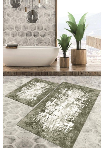 Dijital Baskılı Kaymaz Tabanlı Yıkanabilir 2'li Set Banya Halısı Klozet Takımı Paspas VHKZ-HT-497