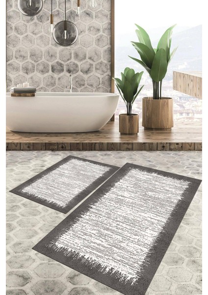 Dijital Baskılı Kaymaz Tabanlı Yıkanabilir 2'li Set Banya Halısı Klozet Takımı Paspas VHKZ-HT-512