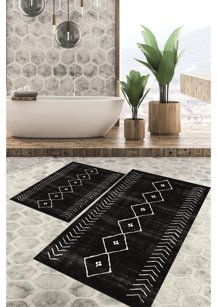 Dijital Baskılı Kaymaz Tabanlı Yıkanabilir 2'li Set Banya Halısı Klozet Takımı Paspas VHKZ-HT-572