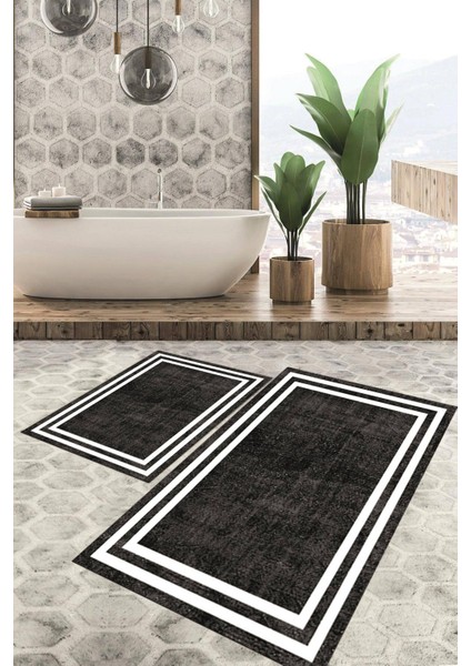 Dijital Baskılı Kaymaz Tabanlı Yıkanabilir 2'li Set Banya Halısı Klozet Takımı Paspas VHKZ-HT-574