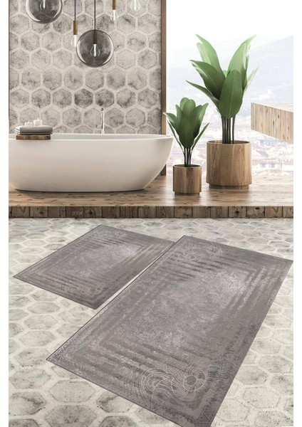 Dijital Baskılı Kaymaz Tabanlı Yıkanabilir 2'li Set Banya Halısı Klozet Takımı Paspas VHKZ-SD-233