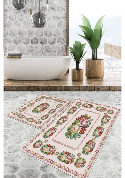 Dijital Baskılı Kaymaz Tabanlı Yıkanabilir 2'li Set Banya Halısı Klozet Takımı Paspas VHKZ-SD-403