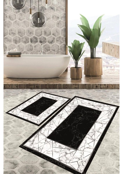 Dijital Baskılı Kaymaz Tabanlı Yıkanabilir 2'li Set Banya Halısı Klozet Takımı Paspas VHKZ-HT-656